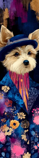 Free printable dog bookmark featuring highland terrier with blue hat